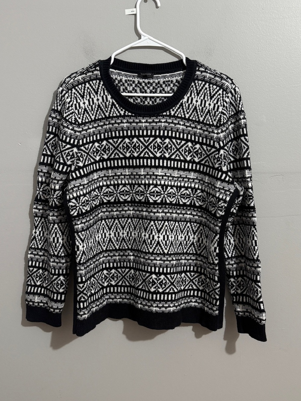 Talbots Sweater Womens XL Petite Black White Fair Isle Geometric Crewneck Knit